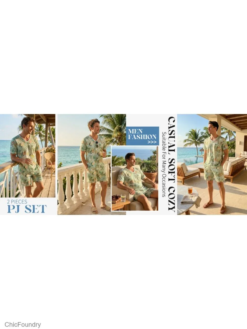 Men's Short Sleeve Pajama Set with Pockets V-Neck Sleepwear Lightweight S-2XL